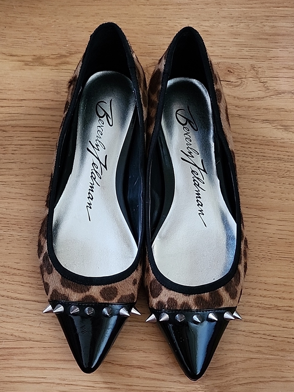 Beverly Feldman Leopard Print Calf Hair Pointed Toe Flats with Stud Sizw 5
